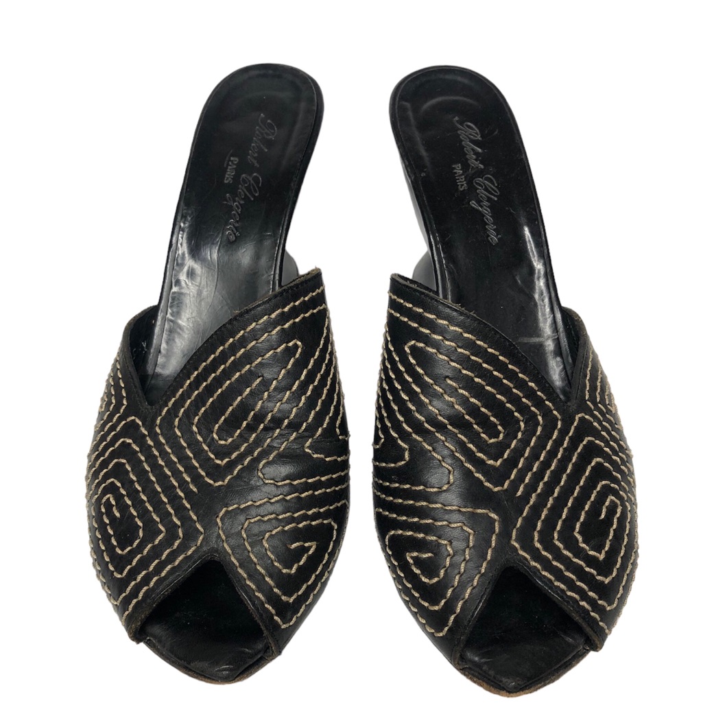 Robert Clergerie France Black Leather Peep Toe Wedge Heel Mules Sandals Eu 38